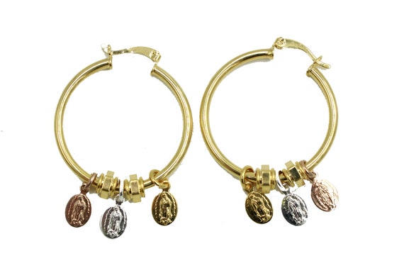 Virgen de Guadalupe Hoop Earrings 18k Gold Plated Earrings 2 inch X 10 mm Hoop 