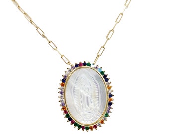 Virgen de Guadalupe MOP Pendant 18k Gold Plated Medal with 20 Inch Chain