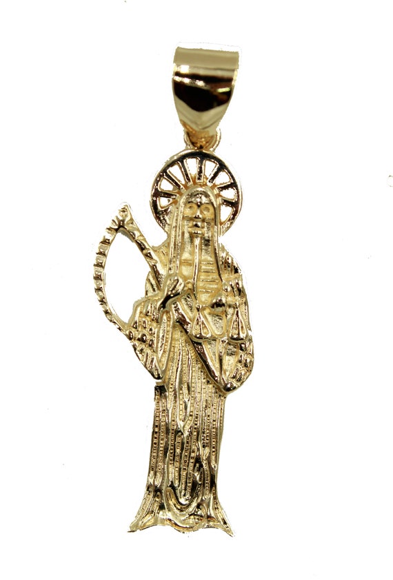 Grim Reaper Solid 14k Two-Tone Gold Santa Muerte Oval Medal Pendant Necklace