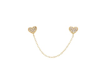 Heart Cubic Zirconia Stud Chain Earrings 14k Yellow Gold- Heart Chain Earrings