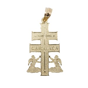 14K Yellow Gold Caravaca Double Cross Crucifix Pendant - With Two Angels, Handcrafted In USA, Religious Jewelry Gift