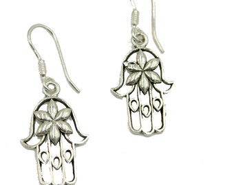 Hamsa Hand Dangle Earrings .925 Sterling Silver - Fatimas Hand Silver Earrings