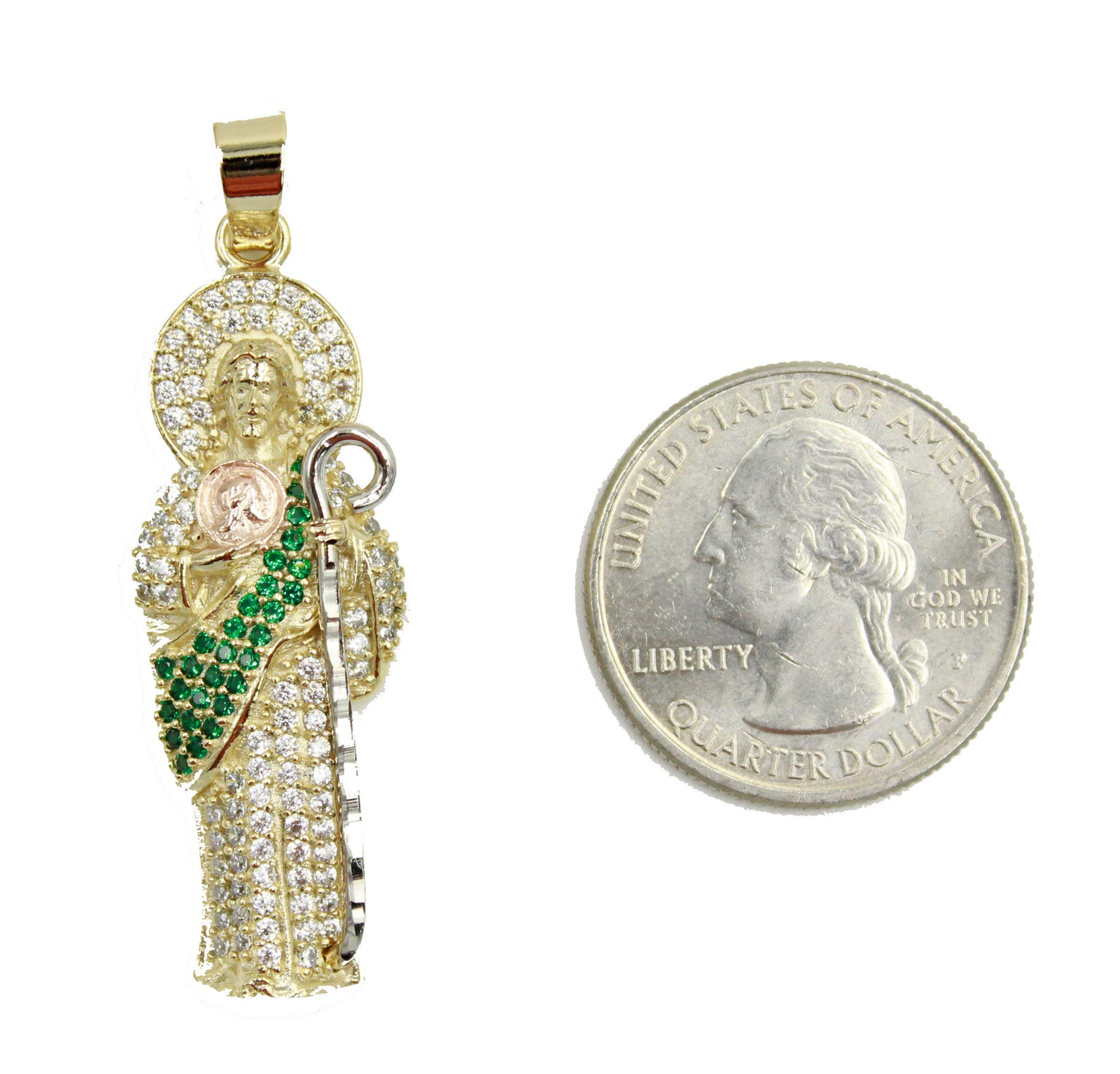 Sterling Silver 925 St Jude Pendant, Green CZ Stone San Judas Tadeo 3D