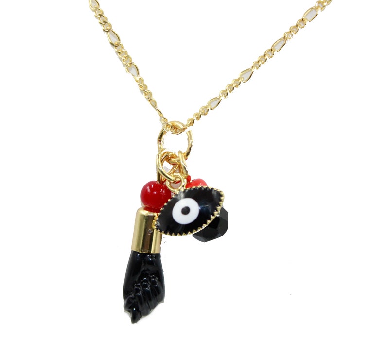 Evil Eye, Azabache & Figa Azabache Hand Charm 18k Gold Plated with 20 inch Chain image 3