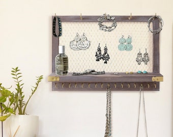 Rustic Jewelry Organizer Wall Mounted, Jewelry Display Holder, Metal Hanging Jewelry Storage for Women, Necklace and Earring Holder