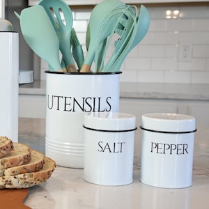 Outshine Large Kitchen Utensil Holder and Farmhouse Decor with Matching Salt and Pepper Shakers Chic Vintage Cooking Utensils Holder