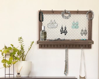 Wooden Jewelry Organizer Wall Mounted, Rustic Jewelry Display Holder, Vintage Hanging Jewelry Storage, Earring Holder, Jewelry Gift for Her