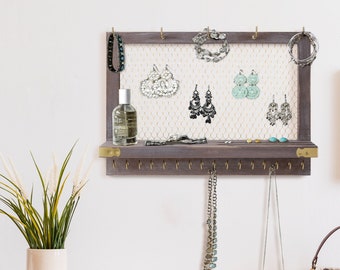 Rustic Jewelry Organizer Wall Mounted, Jewelry Display Holder, Metal Hanging Jewelry Storage for Women, Necklace and Earring Holder