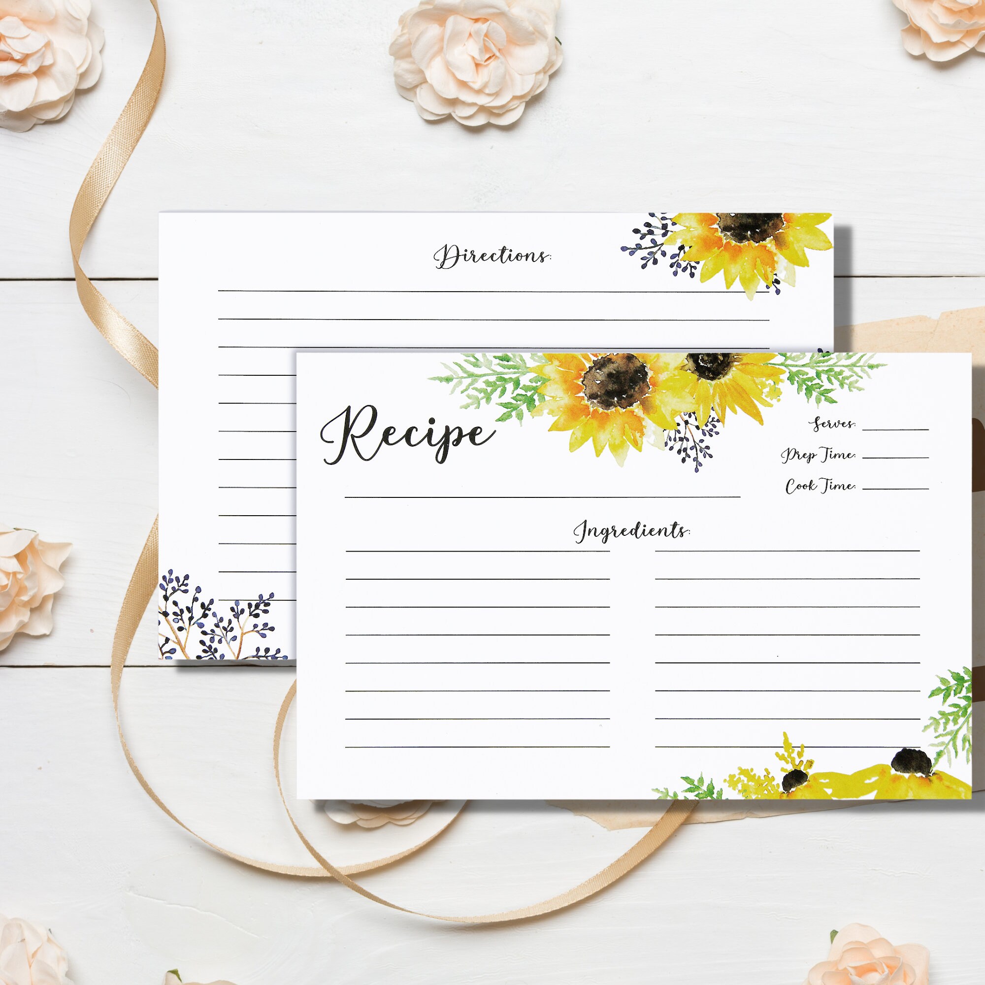 Recipe Cards With Protective Covers - 3x5 Inch Sunflower Design Set Of 16