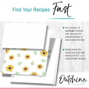 8.5x11 Recipe Binder Dividers for 3 Ring Binder Set of 12, Recipe Dividers w/ Tabs for Recipe Book, Sunflower Wedding & Housewarming Gifts image 3