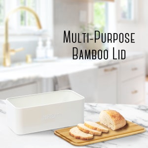 small bread box for kitchen countertop
metal bread box with lid
bread box small
bread box with cutting board lid
bread box cutting board lid
white bread box with bamboo lid