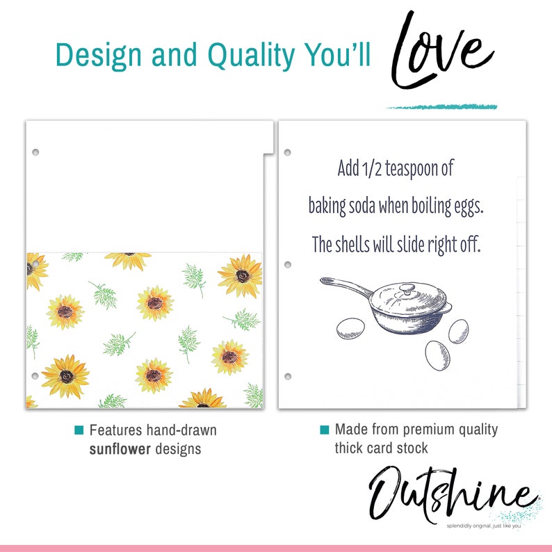 8.5x11 Recipe Binder Dividers for 3 Ring Binder Set of 12, Recipe Dividers w/ Tabs for Recipe Book, Sunflower Wedding & Housewarming Gifts image 5