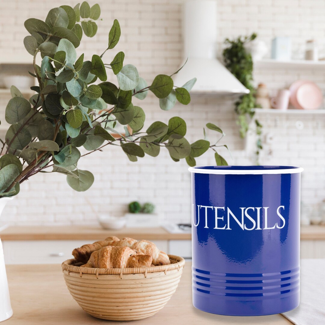 Blue Utensil Crock, Vintage Utensil Organizer, Christmas Gift for Mom