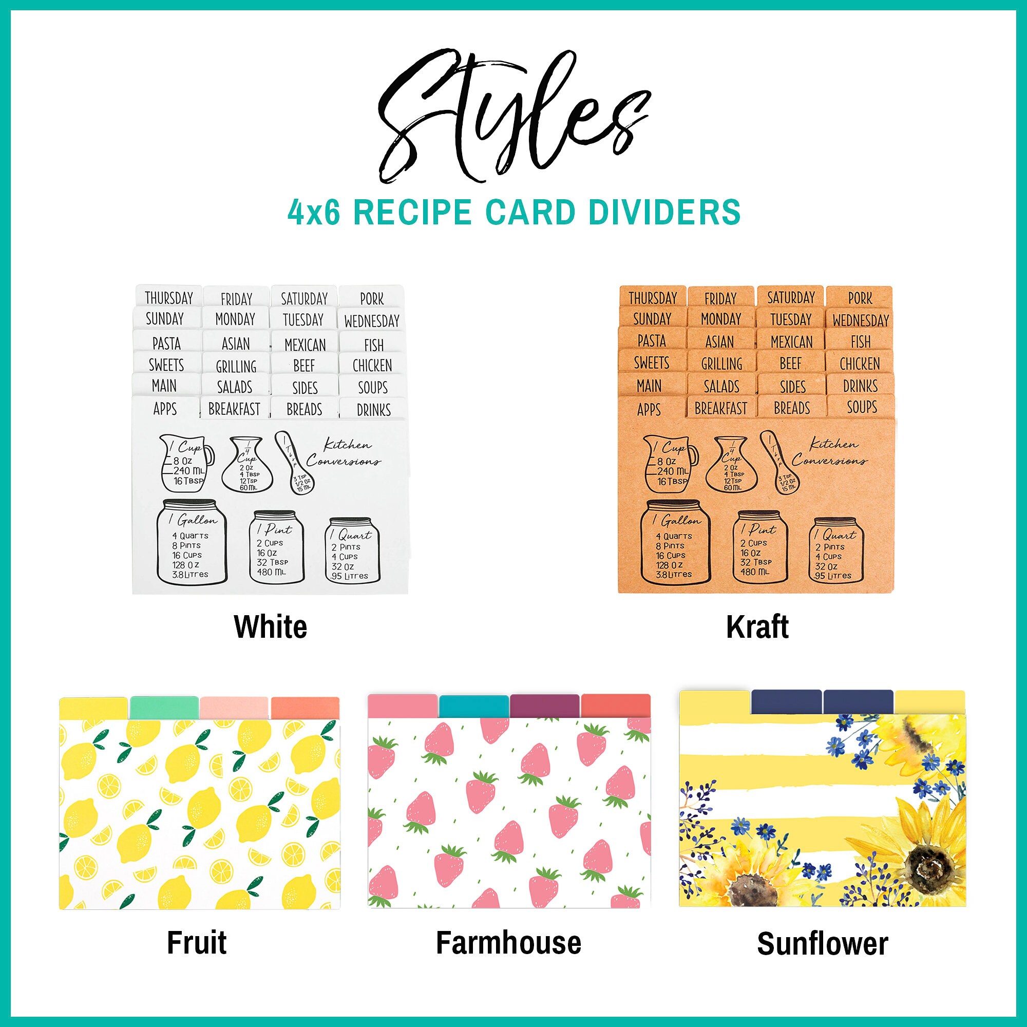 Outshine Premium Recipe Card Dividers 4x6 with Tabs, Farmhouse Kitchen  Design (Set of 24) | Recipe Box Dividers | Index Card Dividers Made of  Thick