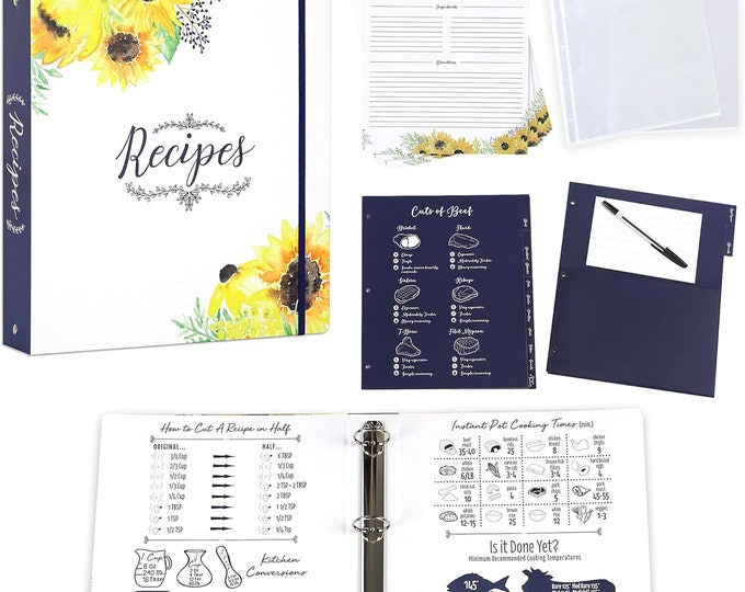 Family Recipe Binder +  Recipe Paper, Sunflower Bridal Shower Housewarming Gift, Custom Recipe Book, Recipe Journal, Cooking Gift for Women