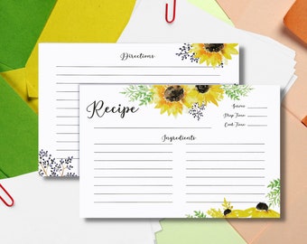 3x5" Recipe Cards Set of 50, Sunflower Housewarming Gift for Baker Cook Chef, Blank Recipe Card, Kitchen Essentials, Cooking Gift for Women