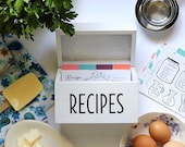 Wooden Recipe Box and Cards, 100 Recipe Cards 12 Dividers, Recipe Keepsake, Recipe Card Box 4x6, Vintage Kitchen Items, Gifts for Bakers