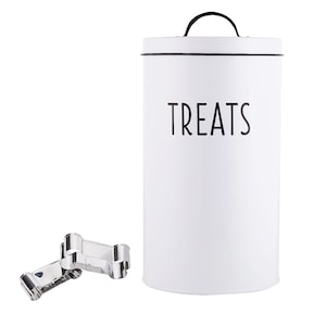 OUTSHINE Farmhouse Pet Food Bin | Large Pet Food Storage Container with Fitted Lid | White Metal Pet Treat Container for Countertop