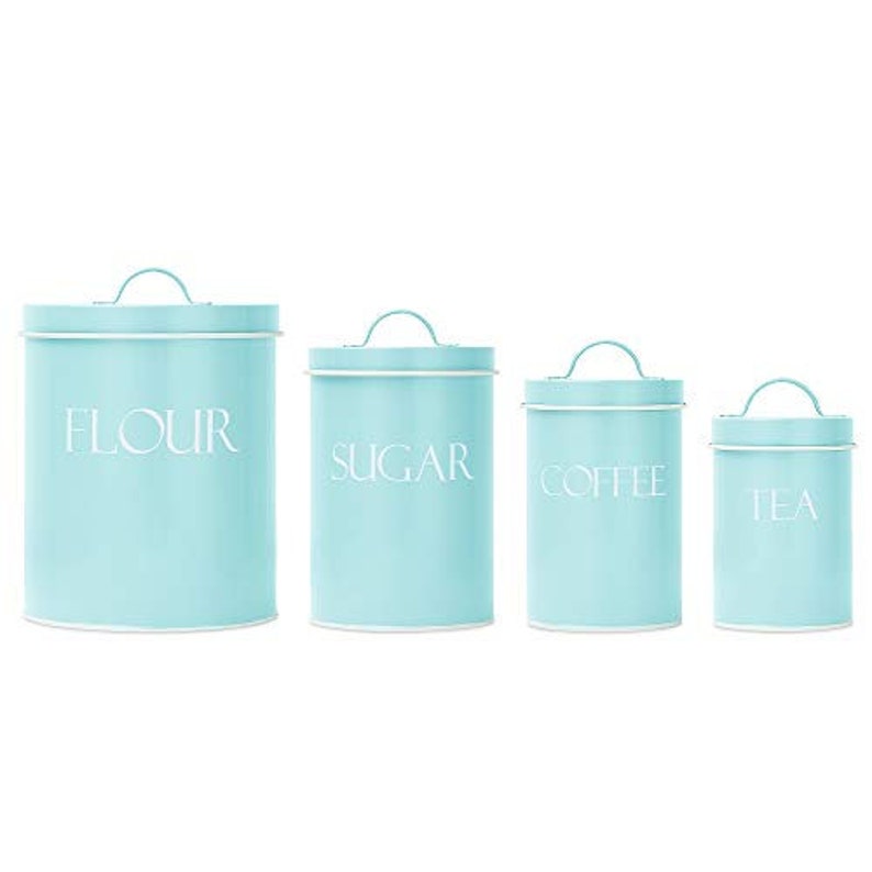 Mint Farmhouse Canister Set of 4, Vintage Kitchen Canisters, Flour Sugar Coffee Tea Tin Canister Set, Sugar Flour Container, Kitchen Storage 