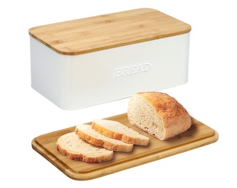 White Bread Box with Bamboo Cutting Board Lid, Bread Storage, Modern Metal Bread Box, Kitchen Decor, Birthday Gift, Couple Gift