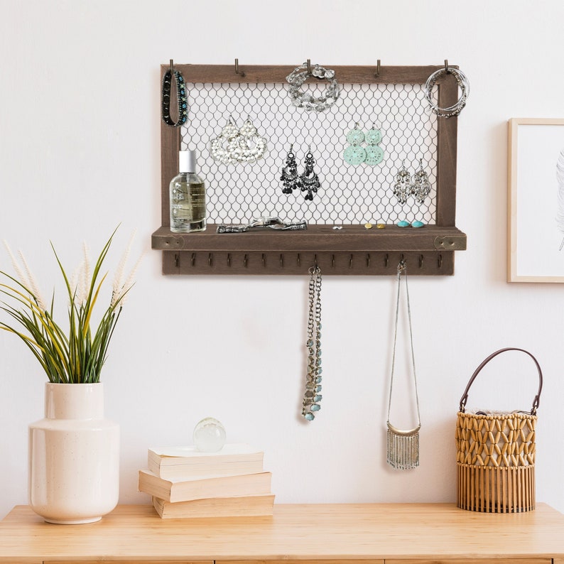 Wooden Jewelry Organizer Wall Mounted Rustic Jewelry Holder Etsy