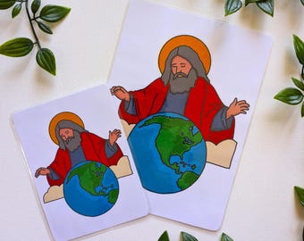 May include: Two illustrations of a person with a halo holding a globe. The person is wearing a red robe and has a beard. The globe is blue with green continents. The illustrations are on white card stock.