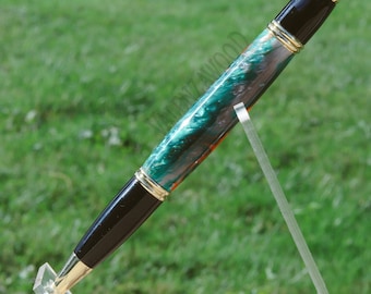 Emerald Green Orange Shimmery Silver Swirl Pen, Black and Gold Twist Action Hardware, Black Ink, Retractable Transmission Ballpoint Pen