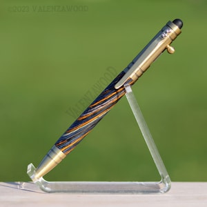Navy Blue Teal Orange Striped Laminated Wood, Tech Stylus Cap, Retractable Bolt Action Transmission, Antique Brass Ballpoint Pen