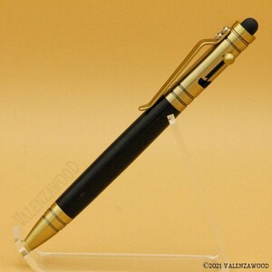 Penna in legno raro esotico in ebano africano, hardware in ottone anticato, trasmissione a otturatore, cappuccio stilo Tech, inchiostro nero, penna a sfera retrattile
