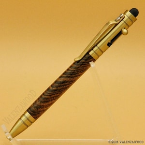 Cocobolo tijger gestreepte pen van zeldzaam exotisch hout, antieke koperen hardware, technische stylus, zwarte inkt, intrekbare balpen met boutwerking