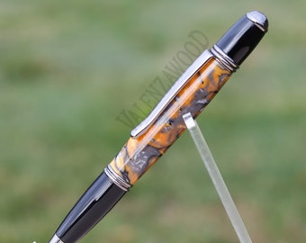 Rusty Amber Orange Black Silver Grey Shimmer Swirl Pen, Black and Chrome Twist Action Hardware, Black Ink, Retractable Ballpoint Pen