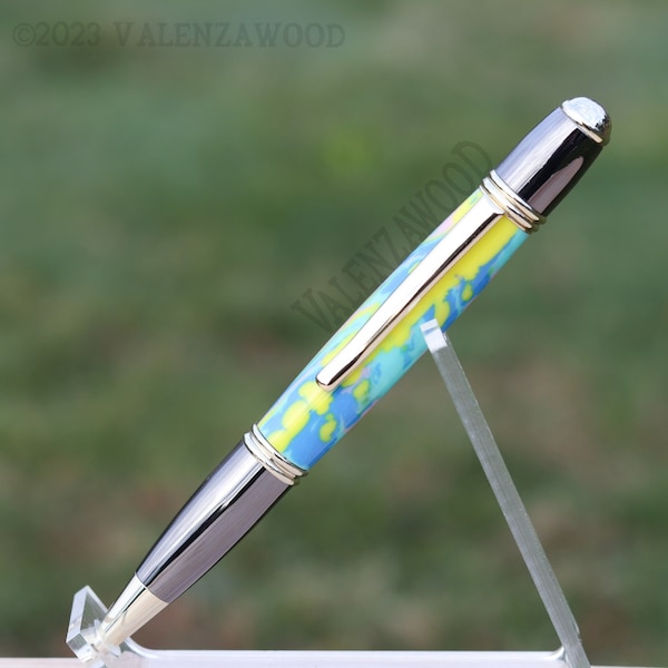 Pastel Blue Teal Pink Yellow Candy Swirl Pen, Gunmetal and Gold Hardware, Black Ink, Twist Action Retractable Ballpoint Pen