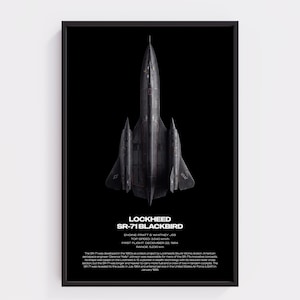 May include: A framed poster featuring a top-down view of a black Lockheed SR-71 Blackbird aircraft against a black background. Below the aircraft, white text displays the name, engine, top speed of 3,540 km/h, first flight date, and range.