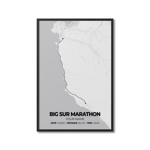 Marathon de Big Sur personnalisé, carte du parcours du marathon personnalisé, parcours de la Strava, course sur chenilles, cadeau pour les coureurs, poster de la carte de la course à pied