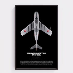 May include: A framed poster featuring a top-down view of a silver Mikoyan-Gurevich MiG-15bis jet fighter with red stars on its wings. The black background includes white text detailing the aircraft's engine, top speed of 1,076 km/h, and history.