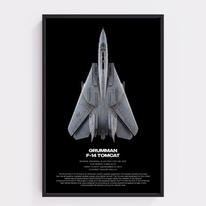 May include: A framed poster featuring a top-down view of a grey Grumman F-14 Tomcat fighter jet against a black background. The text includes the aircraft name, engine type, top speed of 2,485 km/h, first flight date, and a historical summary.