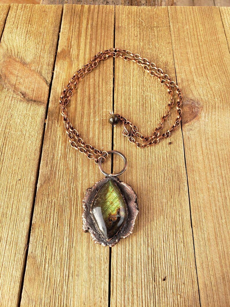Labradorite wood pendant conversation piece electroformed rustic and organic