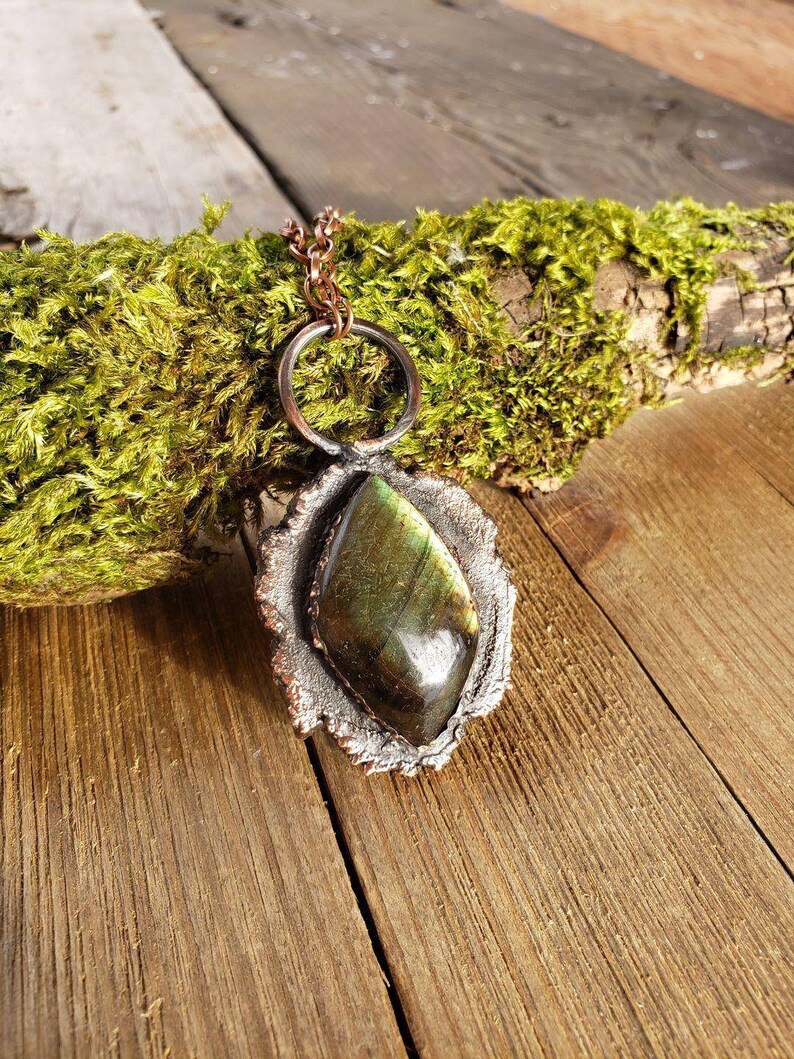 Labradorite wood pendant conversation piece electroformed rustic and organic