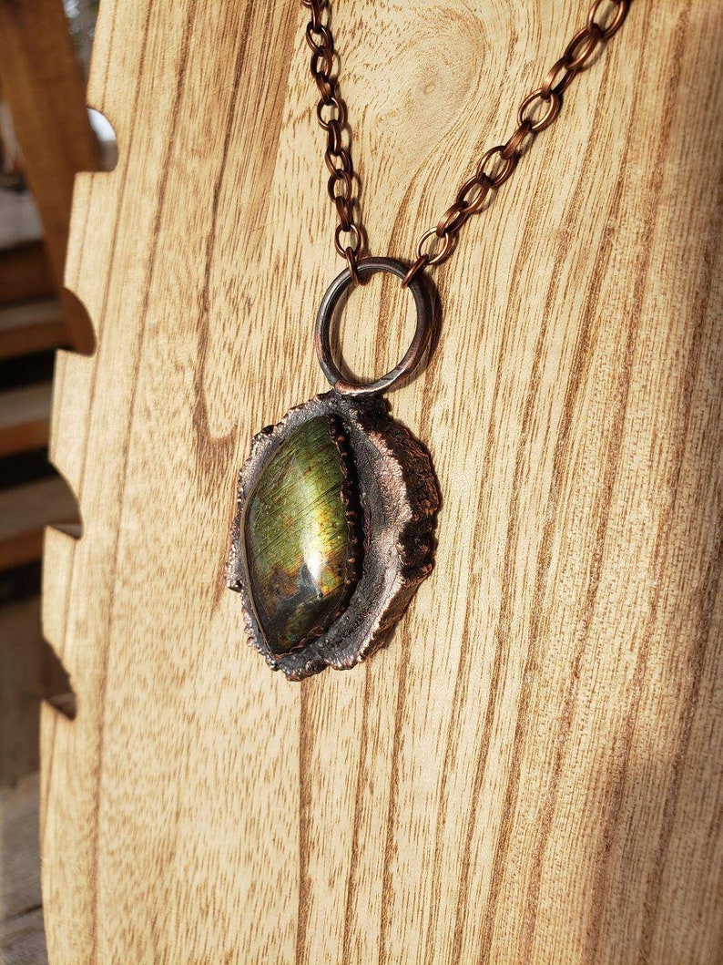Labradorite wood pendant conversation piece electroformed rustic and organic