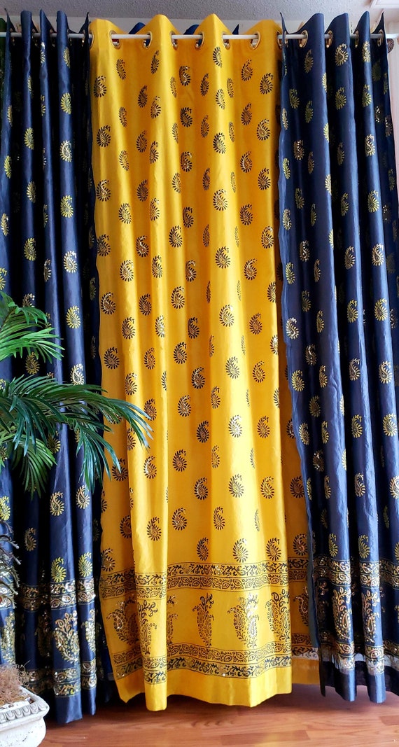 Handcrafted Silk Curtains Golden Yellow And Deep Grey Etsy