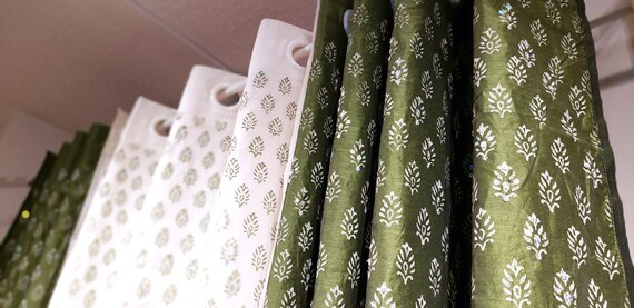 Handcrafted Silk Curtains Moss Green And Light Cream Beige Etsy