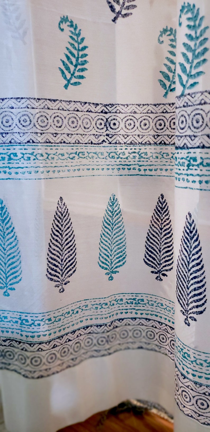 Handcrafted Panel Drapes Ethnic Pattern Royal Blue and Light Turquoise Indian Design Room Divider Sheer Silk Curtain