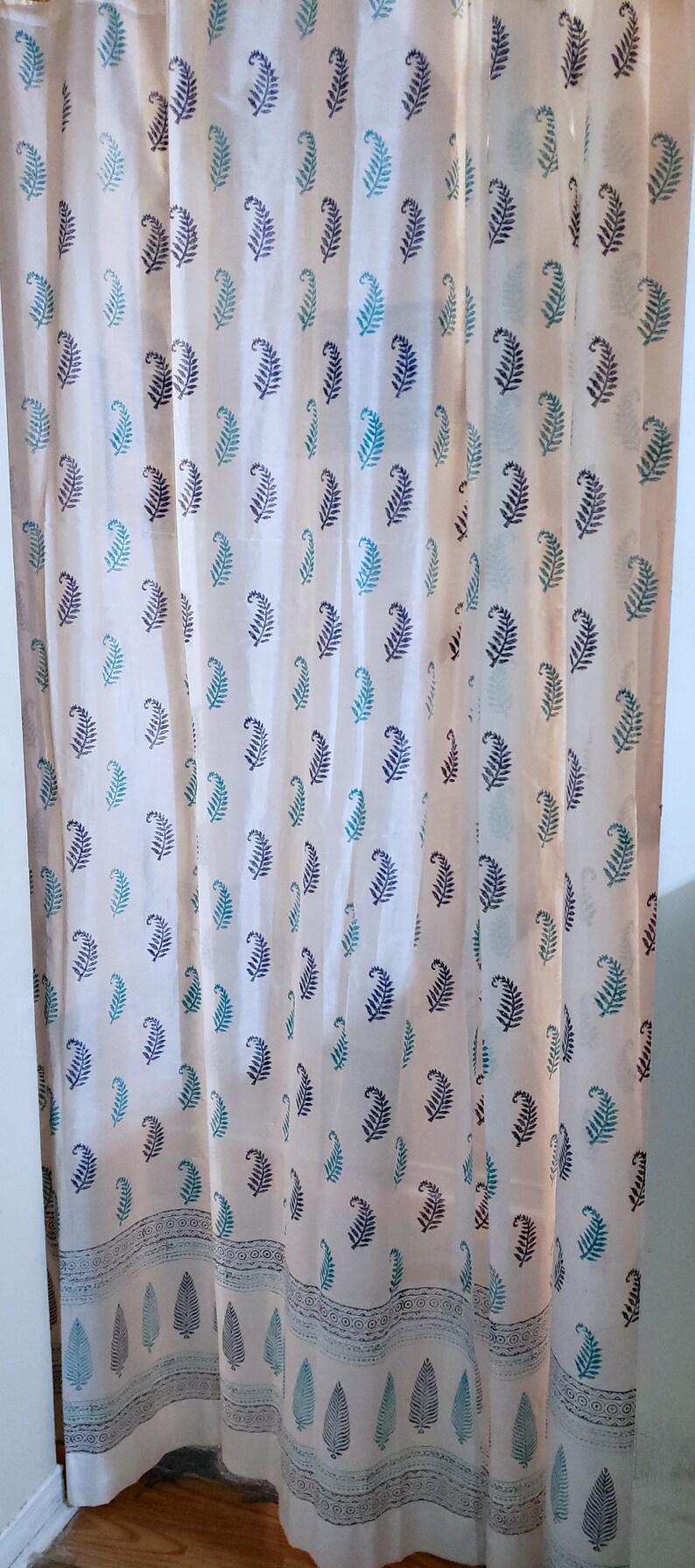 Handcrafted Panel Drapes Ethnic Pattern Royal Blue and Light Turquoise Indian Design Room Divider Sheer Silk Curtain