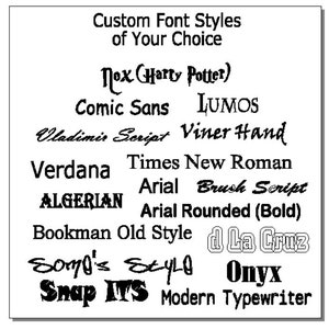 May include: A list of custom font styles, including "Nox (Harry Potter)", "Comic Sans", "LUMOS", "Vladimir Script", "Viner Hand", "Verdana", "Times New Roman", "Arial", "Brush Script", "ALGERIAN", "Arial Rounded (Bold)", "Bookman Old Style", "d La Cruz", "Som70's Style", "Onyx", "Snap ITS", and "Modern Typewriter".