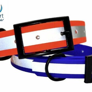 Red and Blue Reflective Hunting Dog Collars with Black Hardware