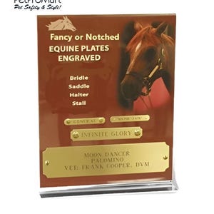 Personalized Brass Equine Plates with Optional Mounting Hardware for Bridle, Saddle, Halter, Stall | 3 Styles: Modern, Notched, or Fancy