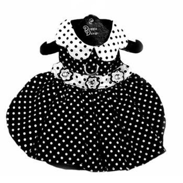 Robe pour chien à pois avec laisse assortie - Robe pour chien à pois noire et blanche