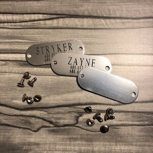 May include: Two silver metal dog tags with rounded edges and holes for attaching to a collar. The top tag reads "STRYKER" with a phone number. The bottom tag reads "ZAYNE" with a phone number. Five silver metal rivets are scattered around the tags.