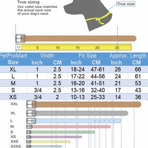 May include: A chart showing the size guide for BioThane dog collars. The chart shows the size in inches and centimeters, as well as the approximate length of the collar in inches and centimeters. The chart is color-coded to show the different sizes of collars.