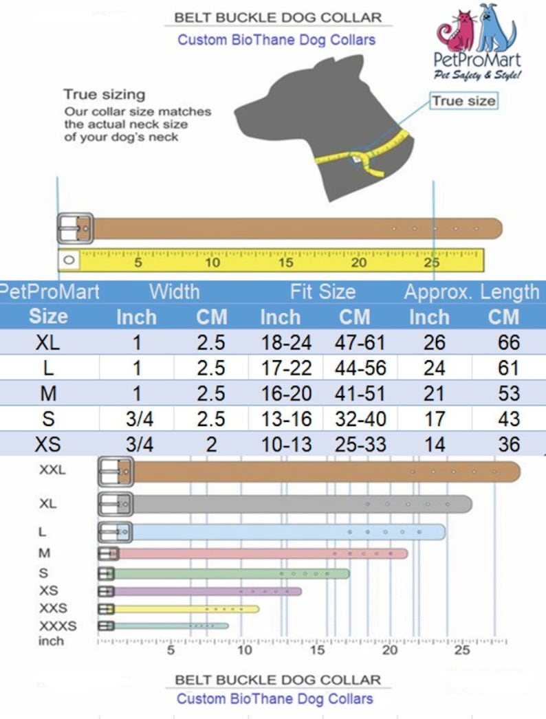 May include: A chart showing the size guide for BioThane dog collars. The chart shows the size in inches and centimeters, as well as the approximate length of the collar in inches and centimeters. The chart is color-coded to show the different sizes of collars.